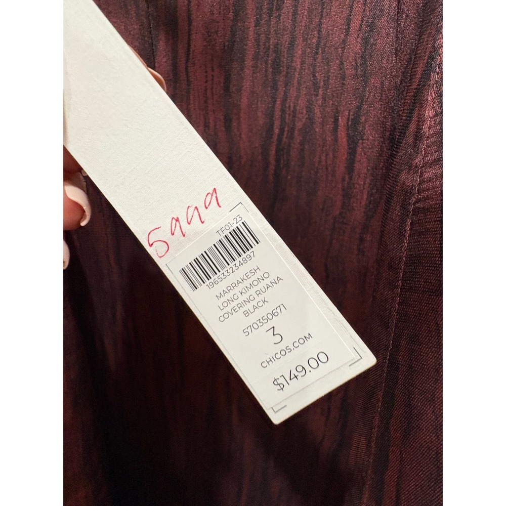 Chico's Marrakesh Long Kimono Ruana Burgundy Black Abstract Size 3 XL NWT - Picture 4 of 7